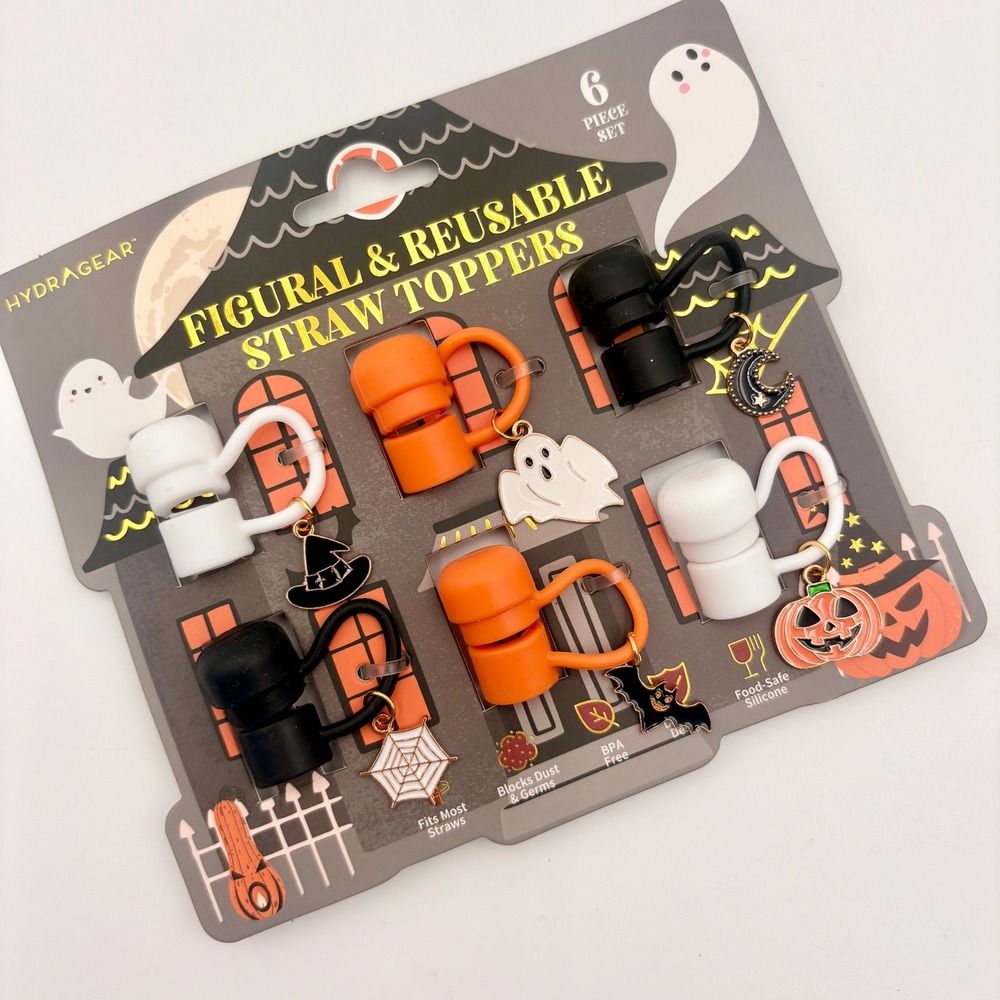 HydraGear Halloween Figural Reusable Straw Toppers 6pc Set Ghost Pumpkin Bat New
